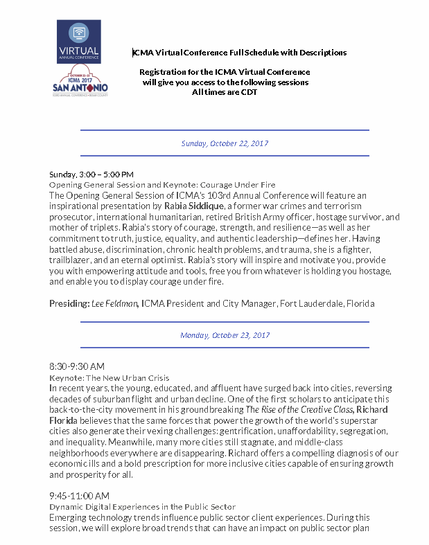 2017 Virtual Conference Schedule PDF Icma